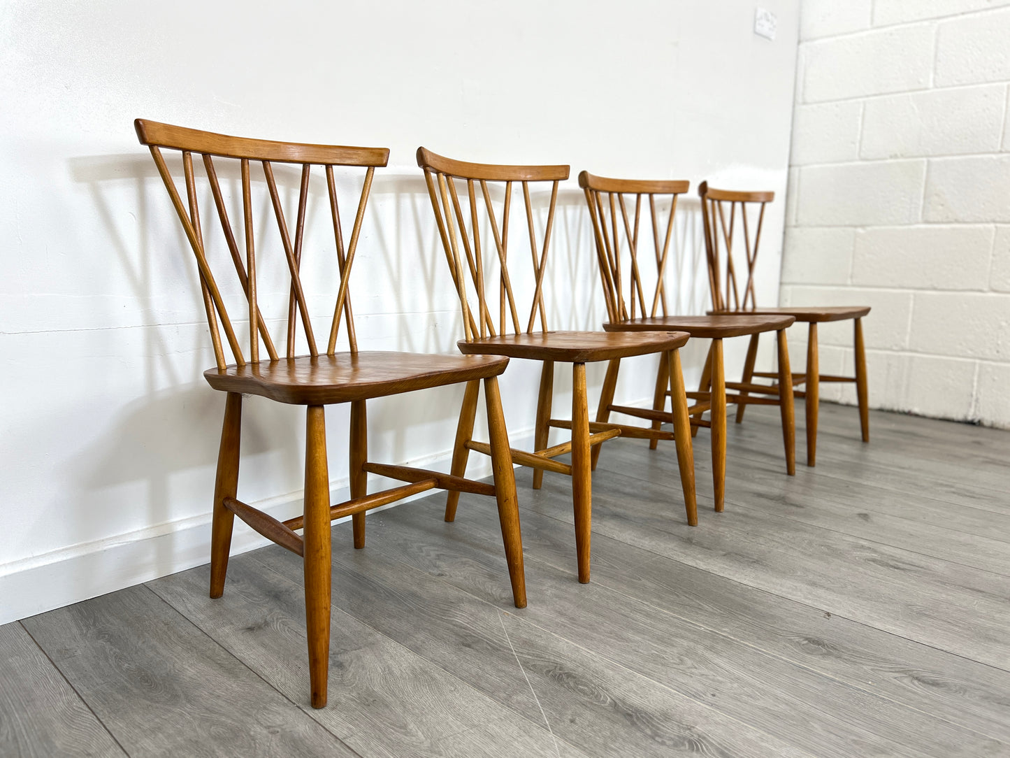 Set of 4, Ercol Style Candlestick Elm Dining Chairs