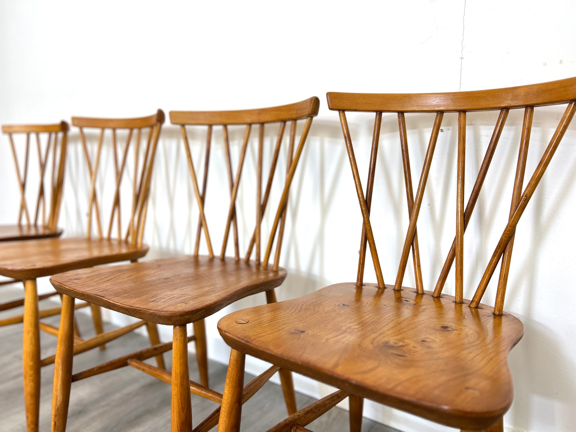 Set of 4, Ercol Style Candlestick Elm Dining Chairs