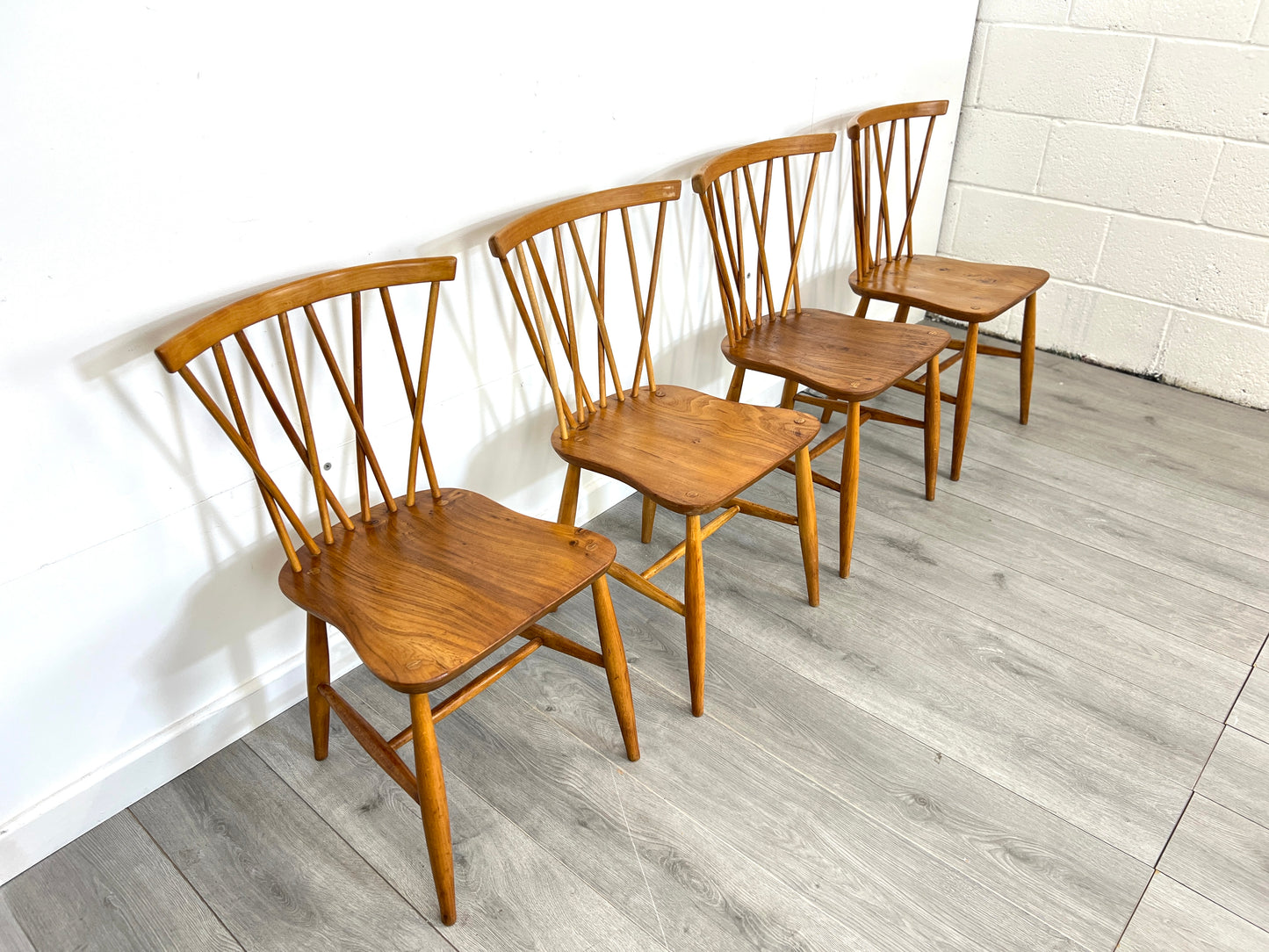 Set of 4, Ercol Style Candlestick Elm Dining Chairs