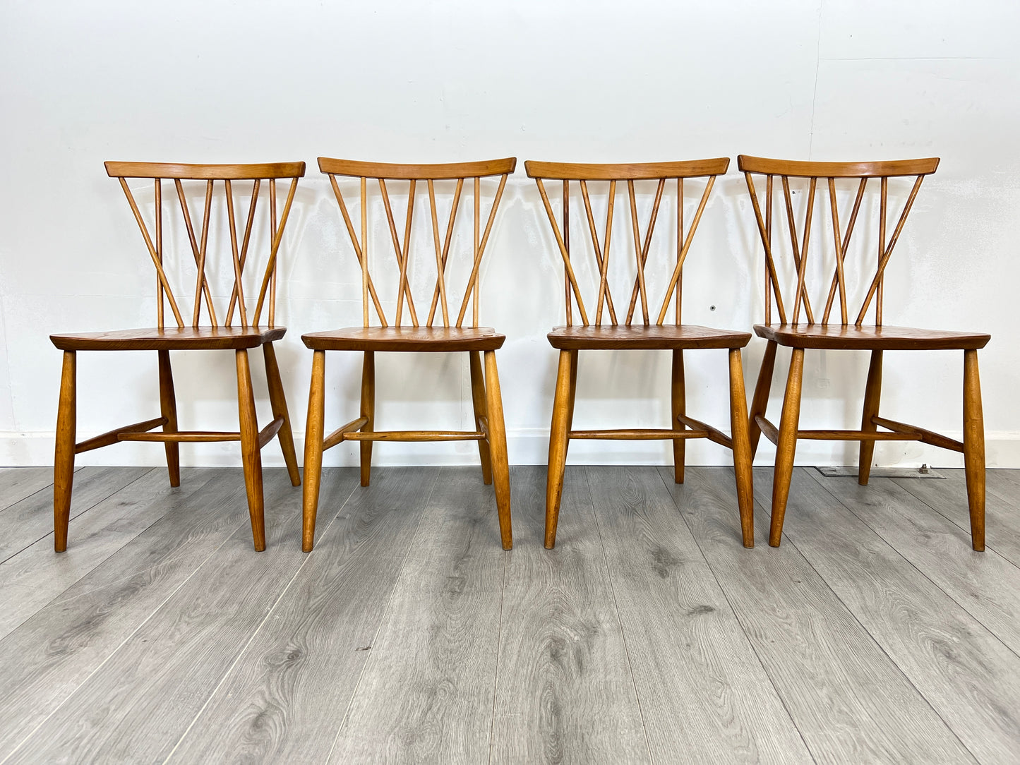 Set of 4, Ercol Style Candlestick Elm Dining Chairs