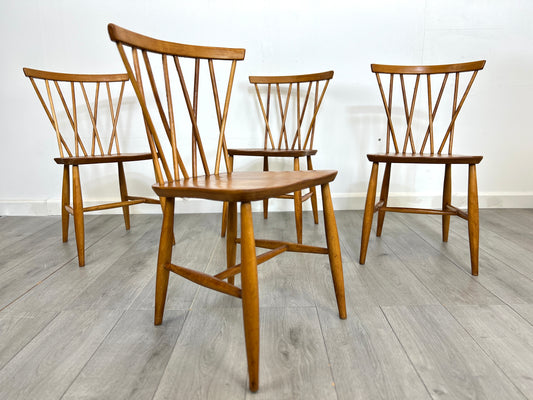 Set of 4, Ercol Style Candlestick Elm Dining Chairs