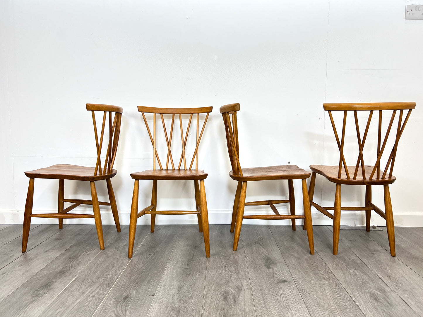 Set of 4, Ercol Style Candlestick Elm Dining Chairs