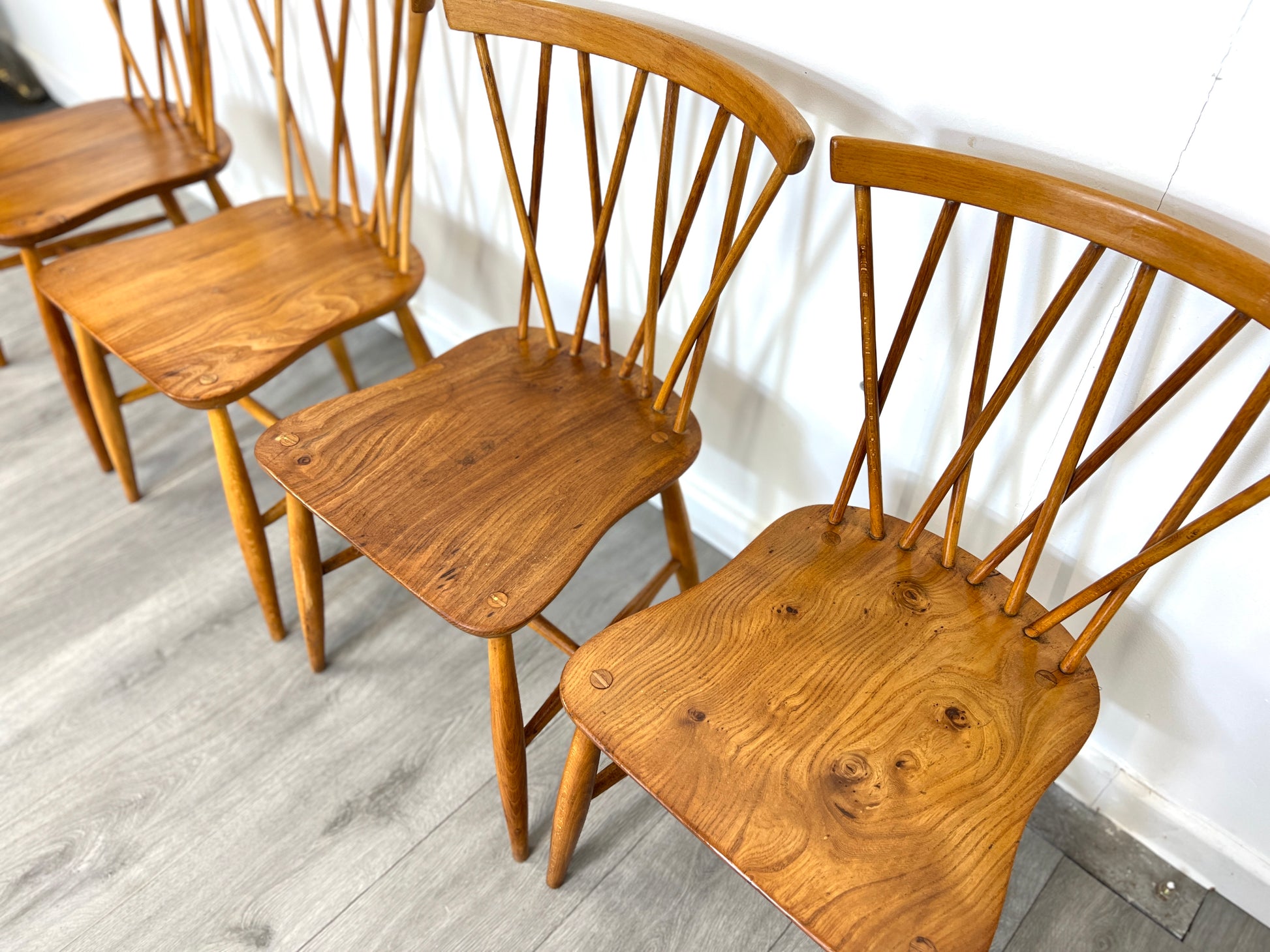 Set of 4, Ercol Style Candlestick Elm Dining Chairs