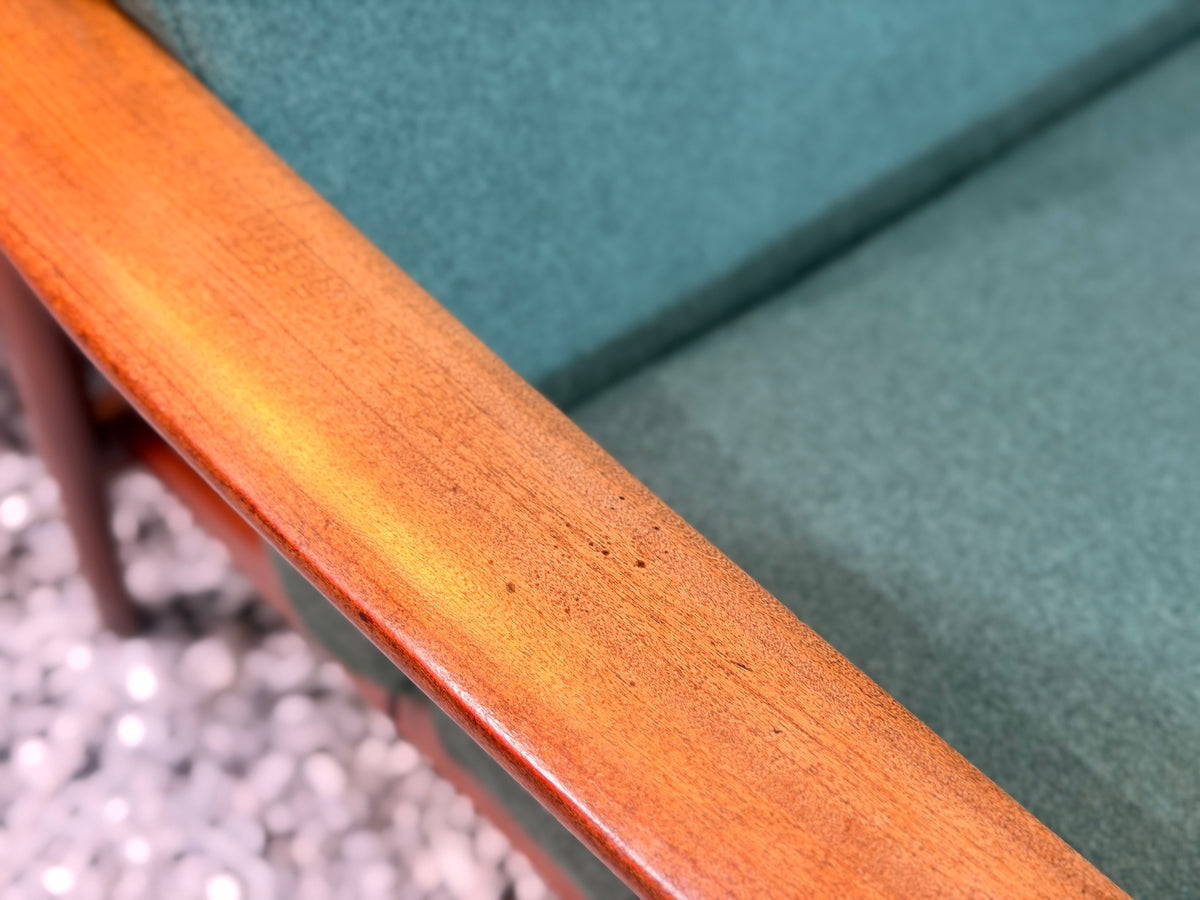 Guy Rogers Style Teak High Back Armchair, Olive Green Upholstery