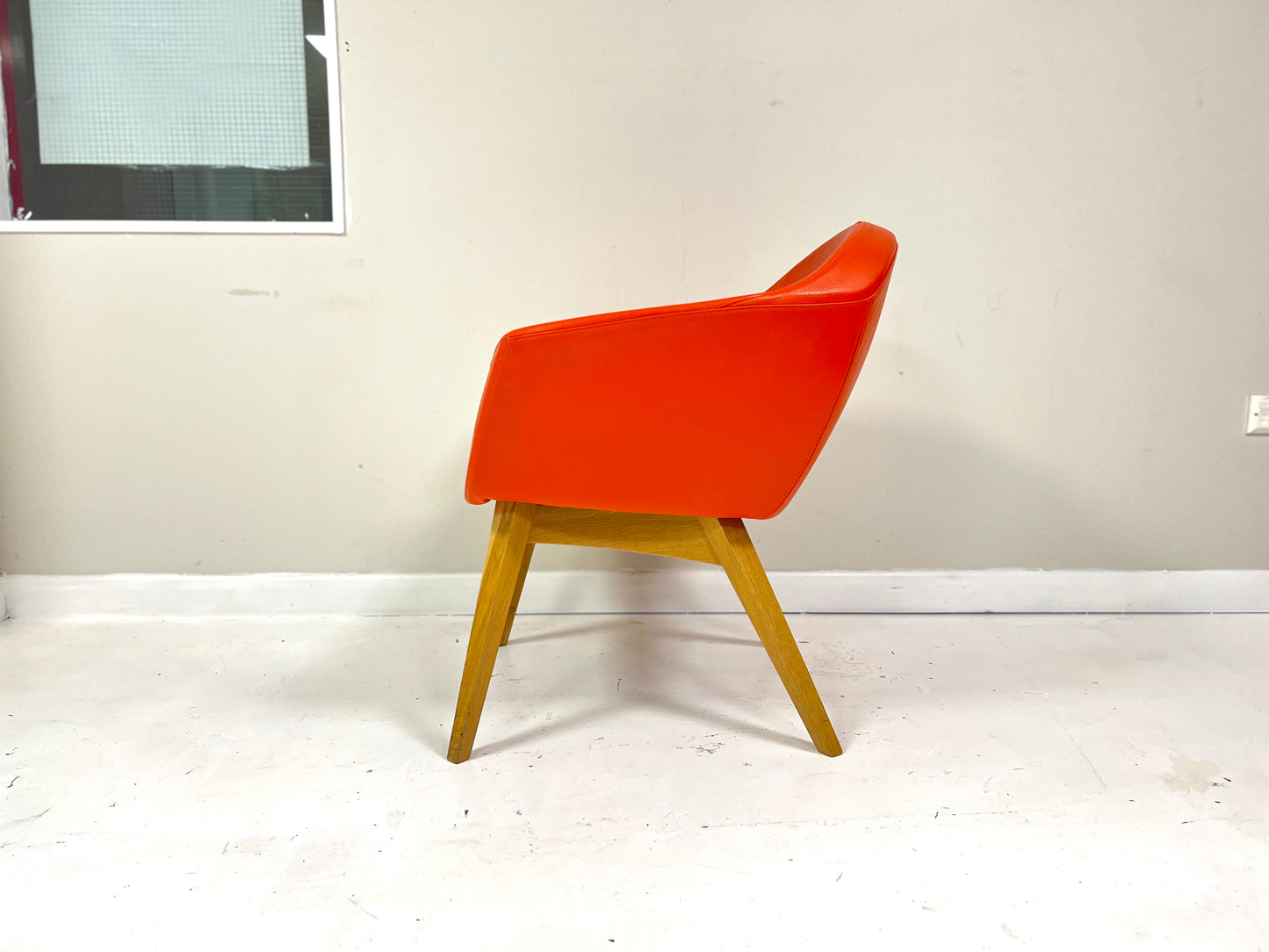 Contemporary Orange Leather and Oak Armchair