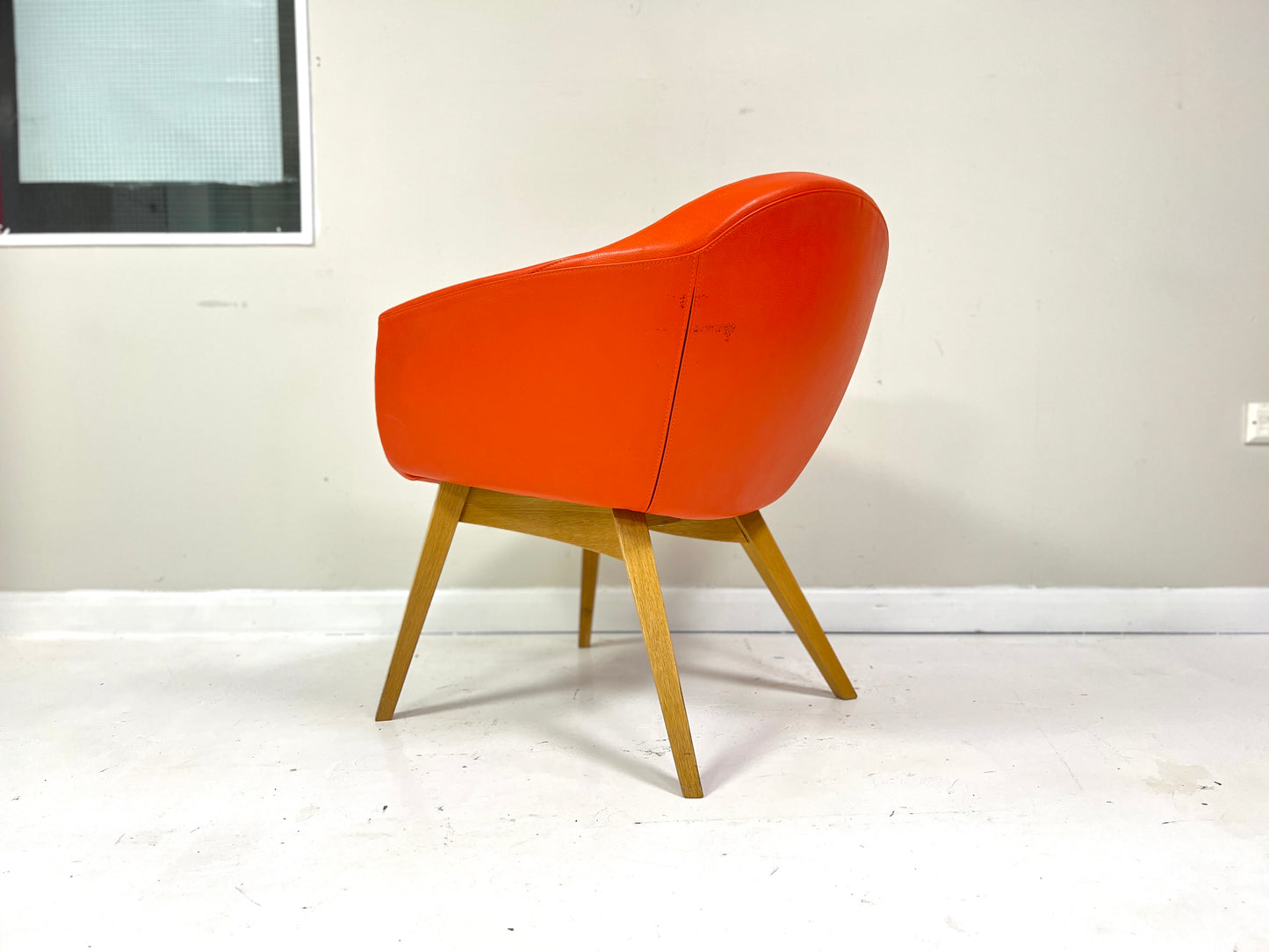 Contemporary Orange Leather and Oak Armchair