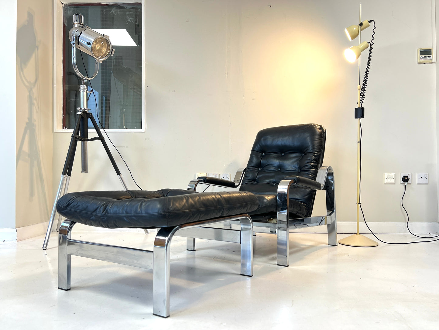 Knoll / Selig, Leather & Chrome Reclining Lounge Chair & Stool