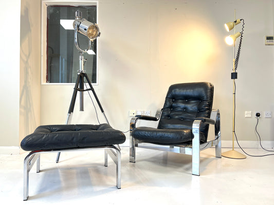 Knoll / Selig, Leather & Chrome Reclining Lounge Chair & Stool