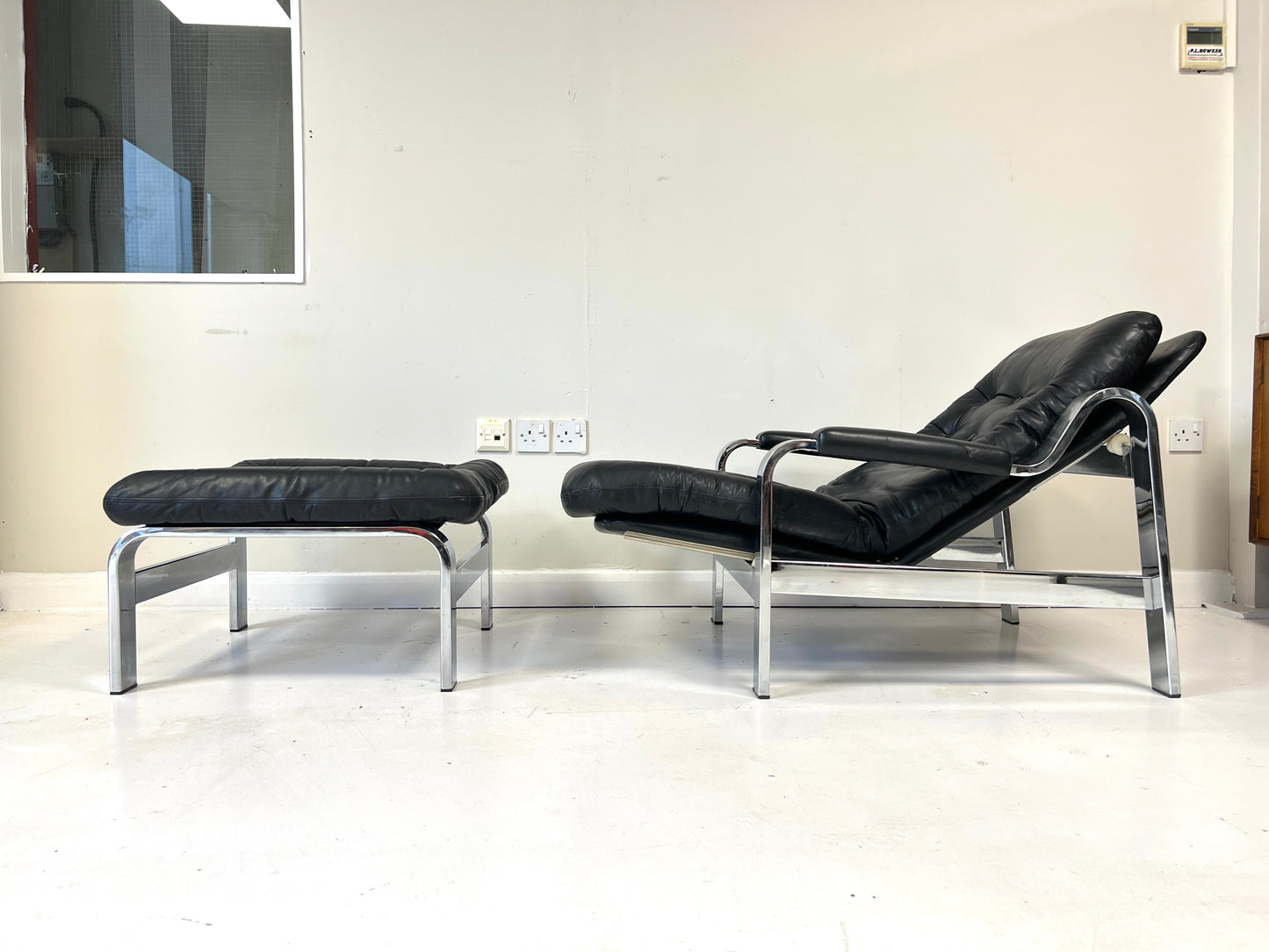 Knoll / Selig, Leather & Chrome Reclining Lounge Chair & Stool