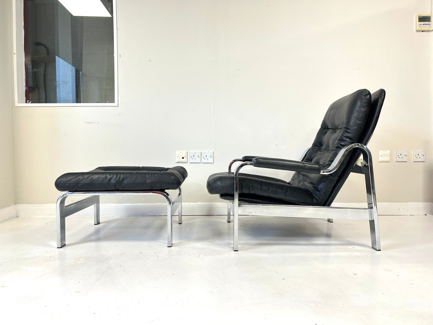 Knoll / Selig, Leather & Chrome Reclining Lounge Chair & Stool