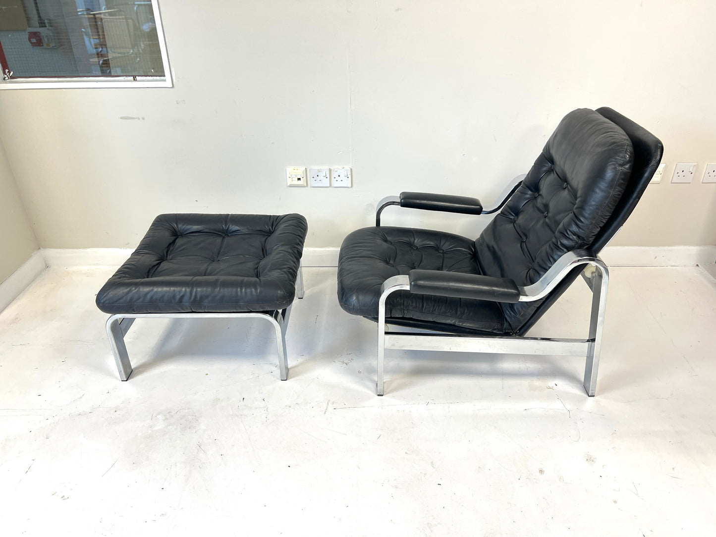 Knoll / Selig, Leather & Chrome Reclining Lounge Chair & Stool