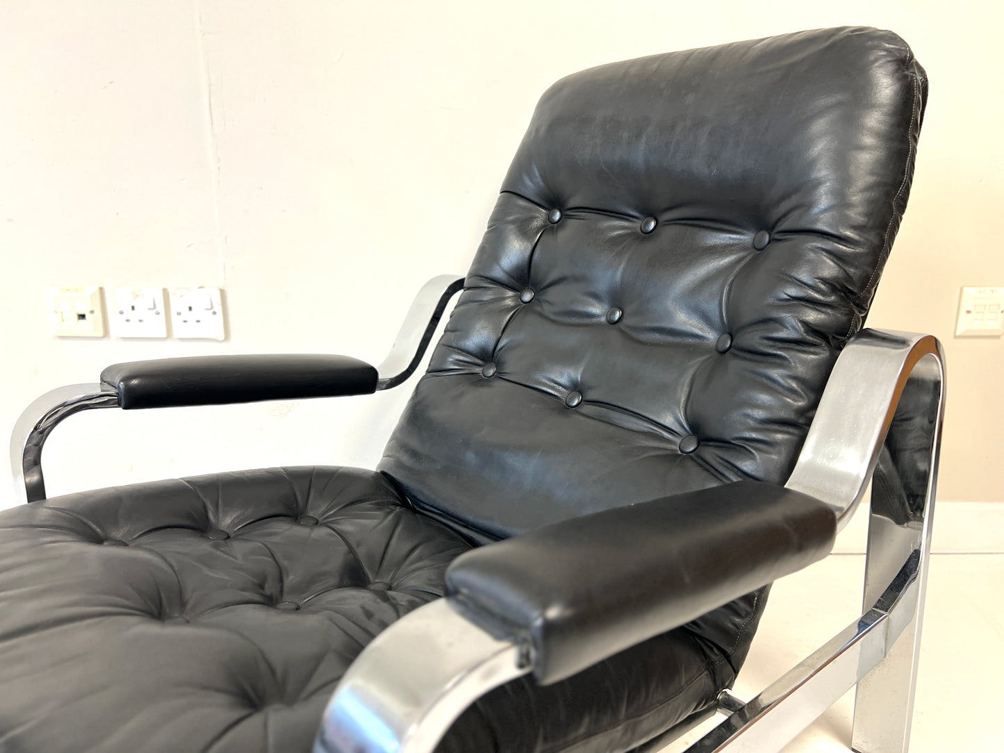 Knoll / Selig, Leather & Chrome Reclining Lounge Chair & Stool