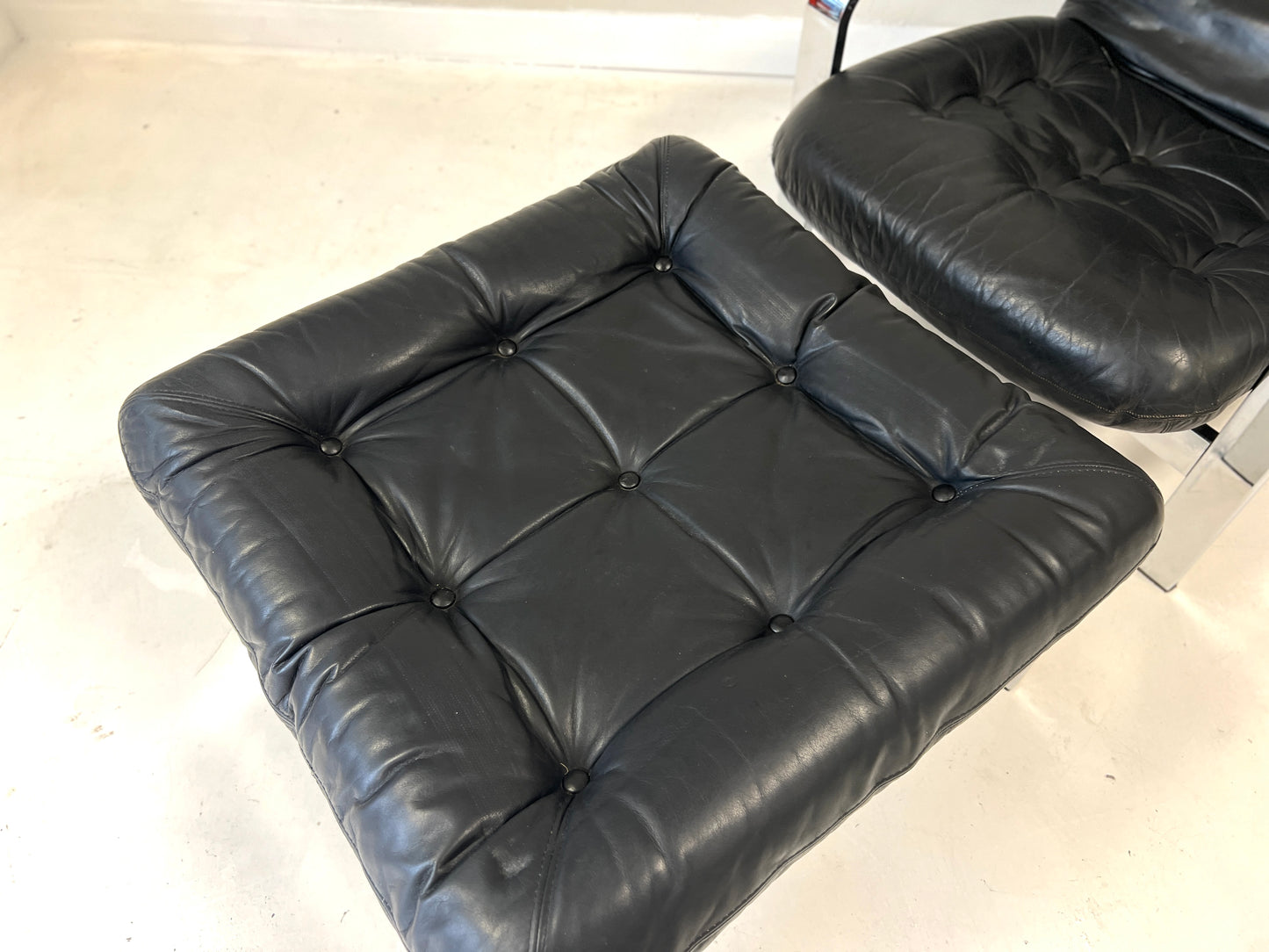 Knoll / Selig, Leather & Chrome Reclining Lounge Chair & Stool