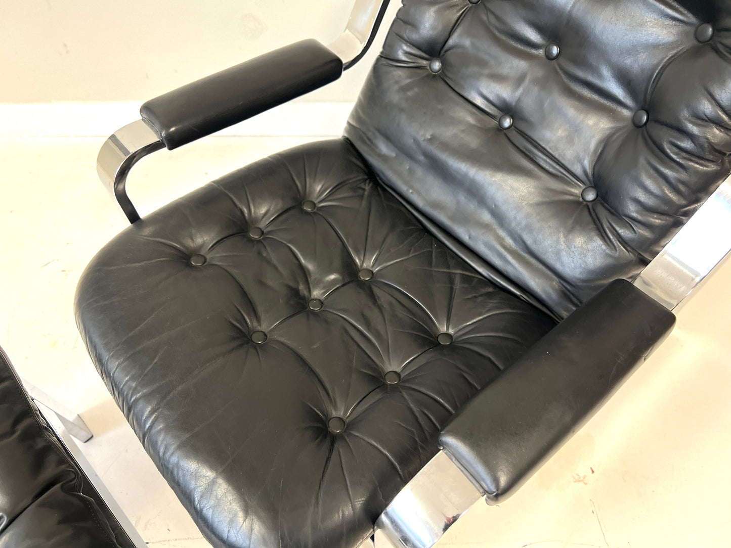 Knoll / Selig, Leather & Chrome Reclining Lounge Chair & Stool