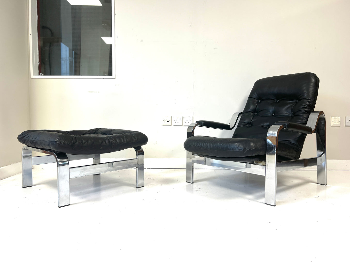 Knoll / Selig, Leather & Chrome Reclining Lounge Chair & Stool