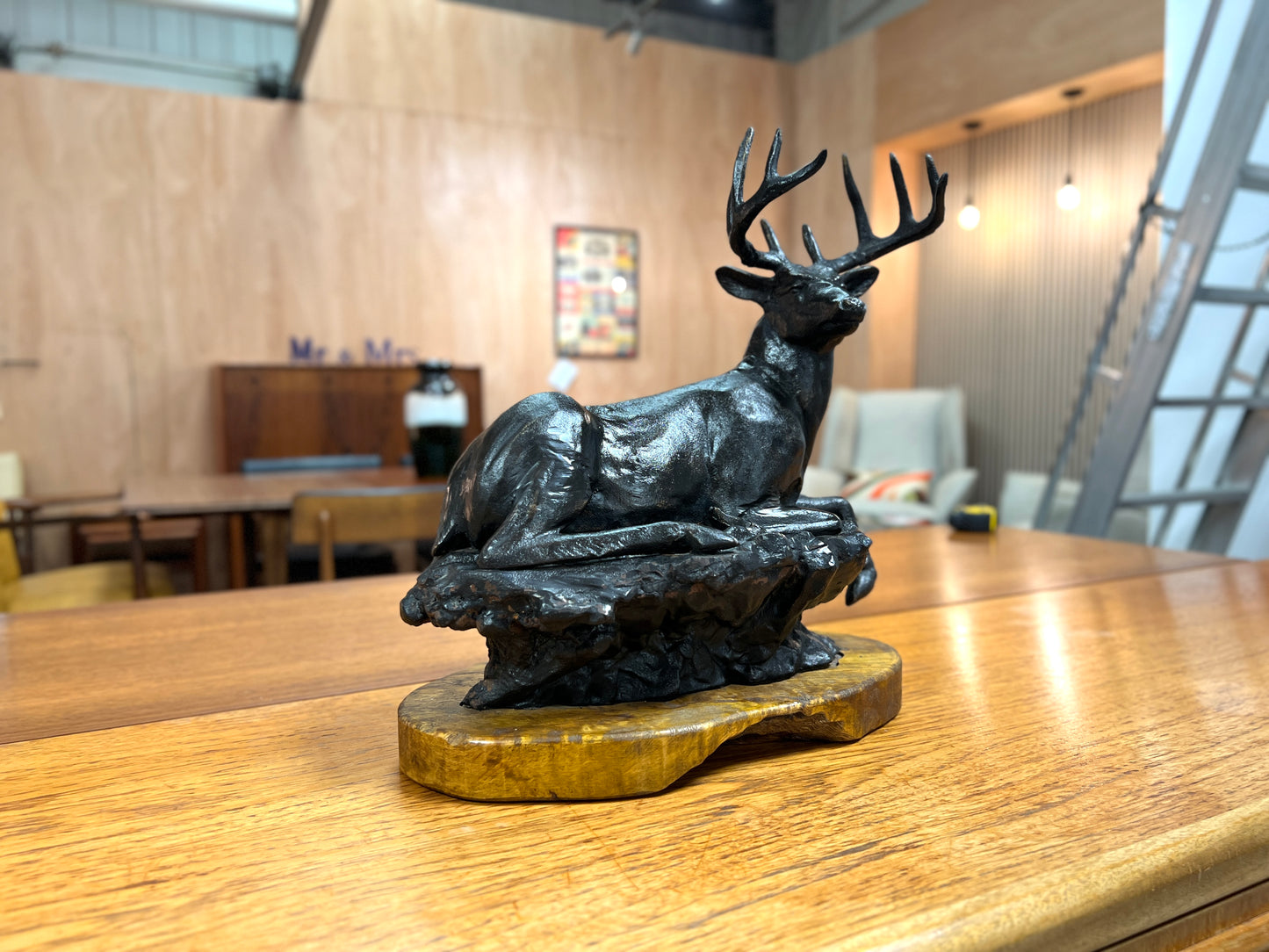 Cast Iron Sculpture of a Led Stag on Oak Base
