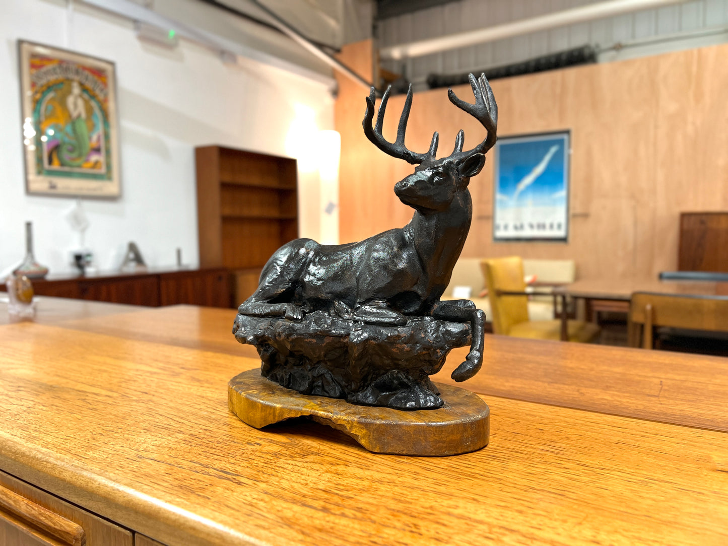 Cast Iron Sculpture of a Led Stag on Oak Base