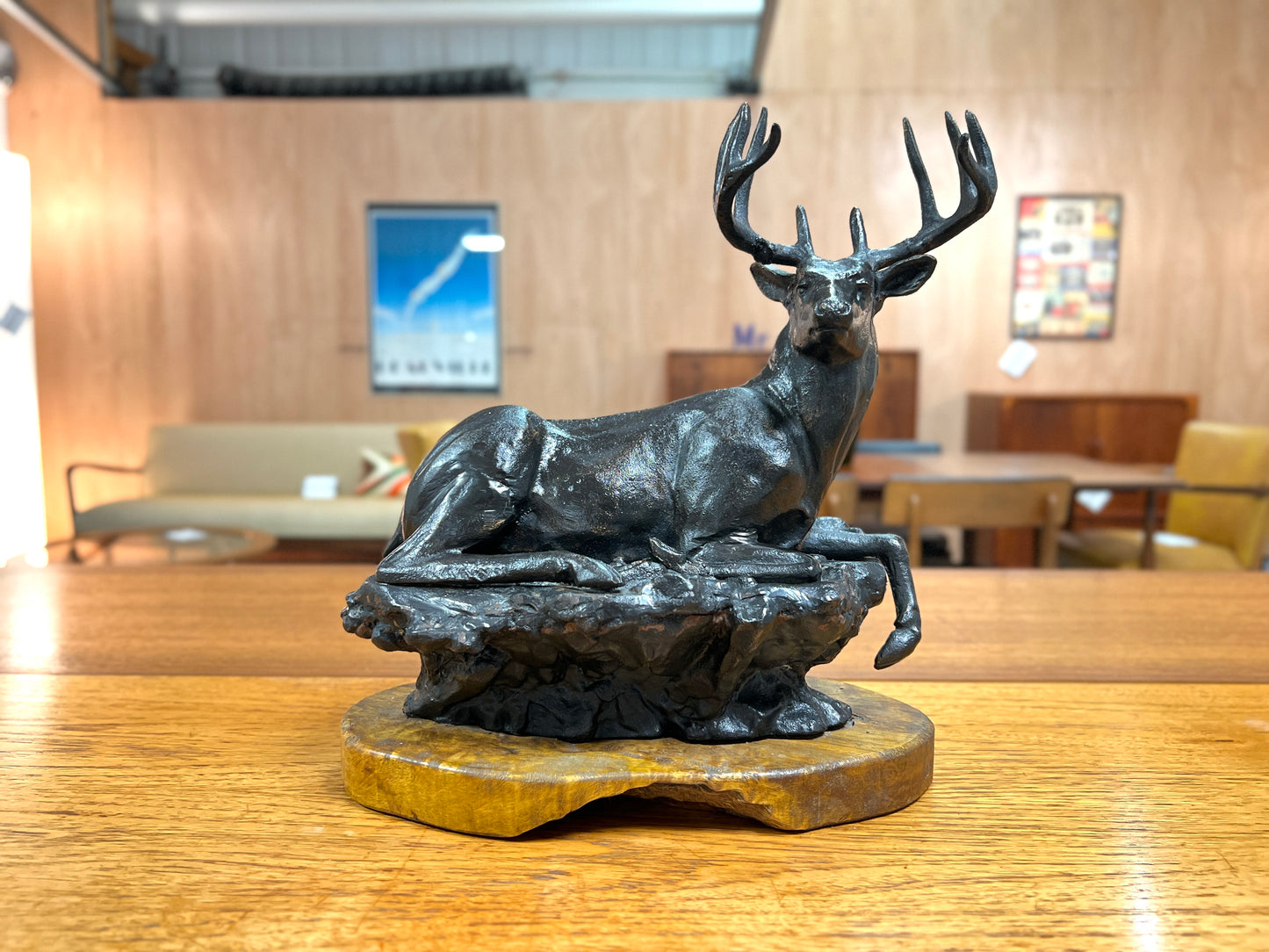 Cast Iron Sculpture of a Led Stag on Oak Base