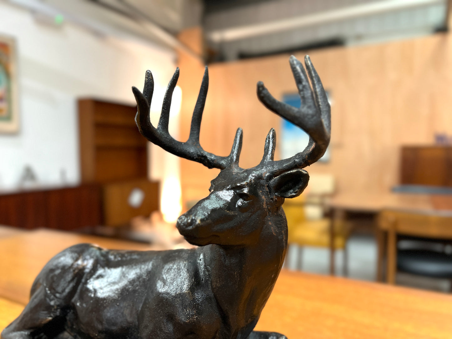 Cast Iron Sculpture of a Led Stag on Oak Base