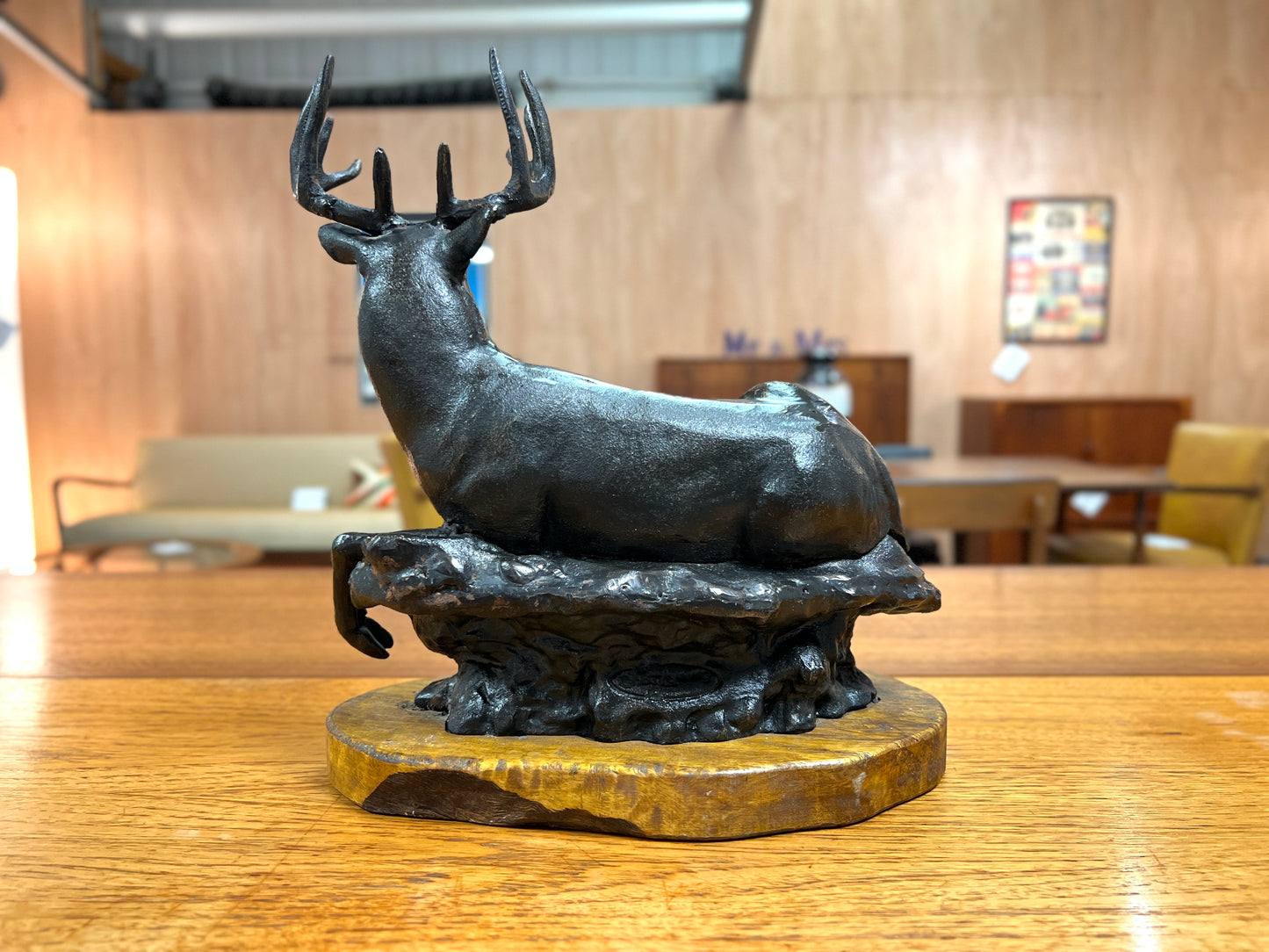 Cast Iron Sculpture of a Led Stag on Oak Base