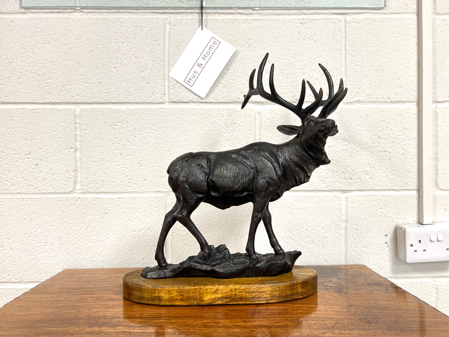 Large Cast Iron Stag on Oak Base