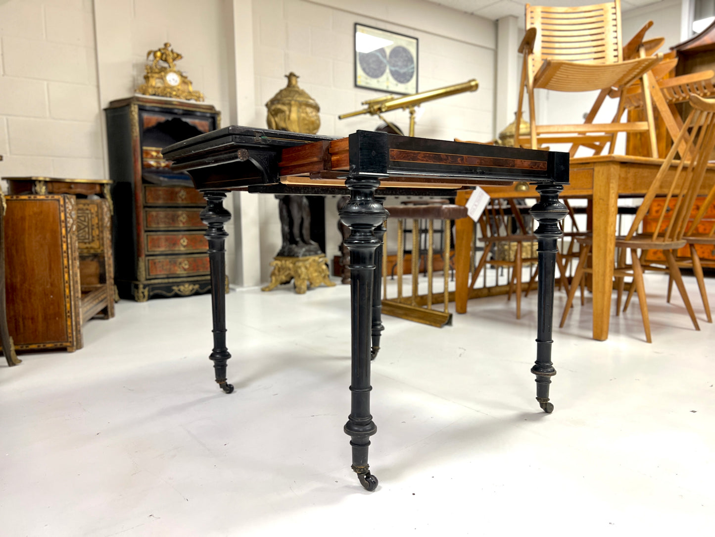 Victorian Ebonised Aesthetic Movement Folding Card / Console Table with Thuya Inlay