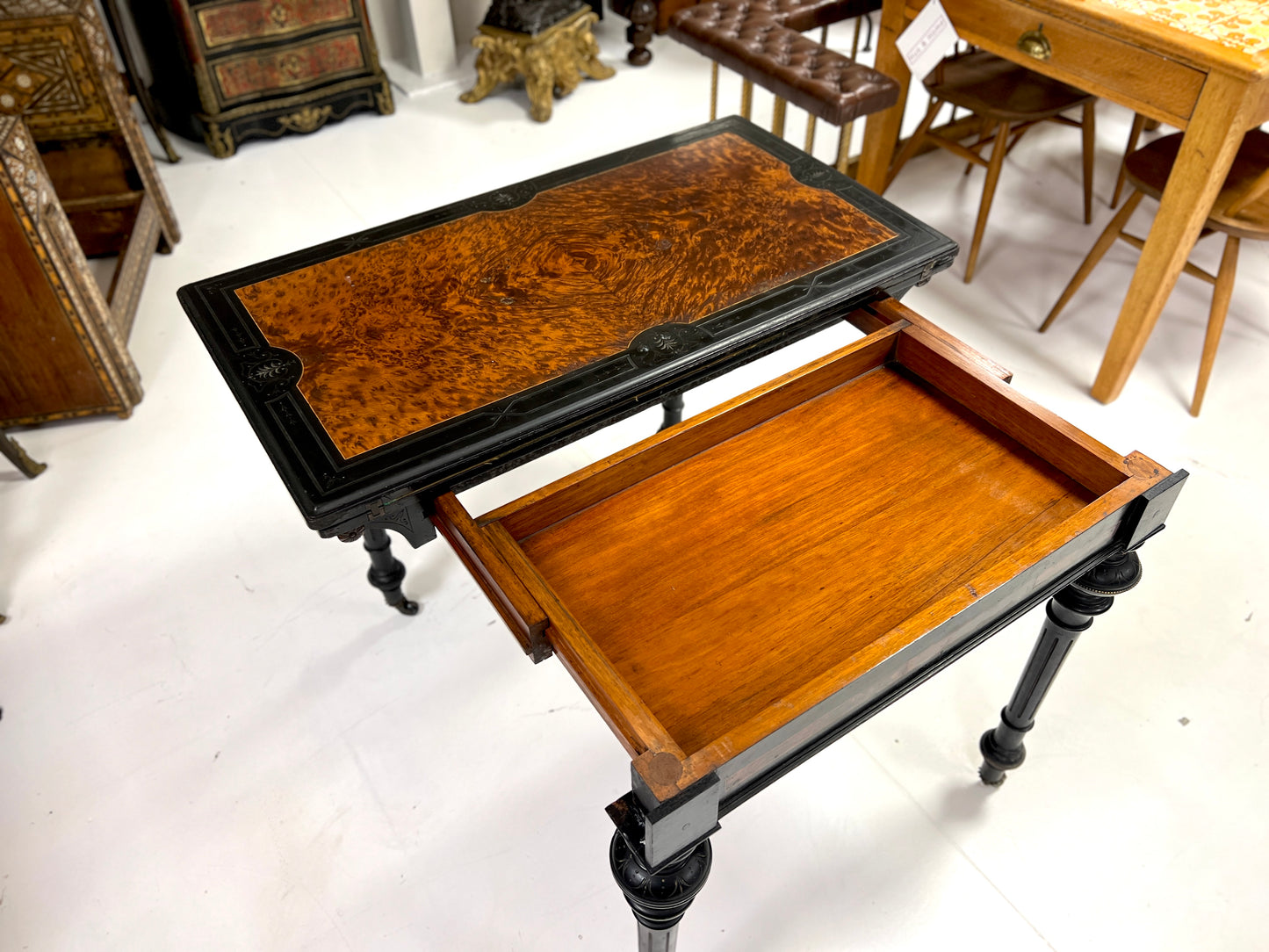 Victorian Ebonised Aesthetic Movement Folding Card / Console Table with Thuya Inlay