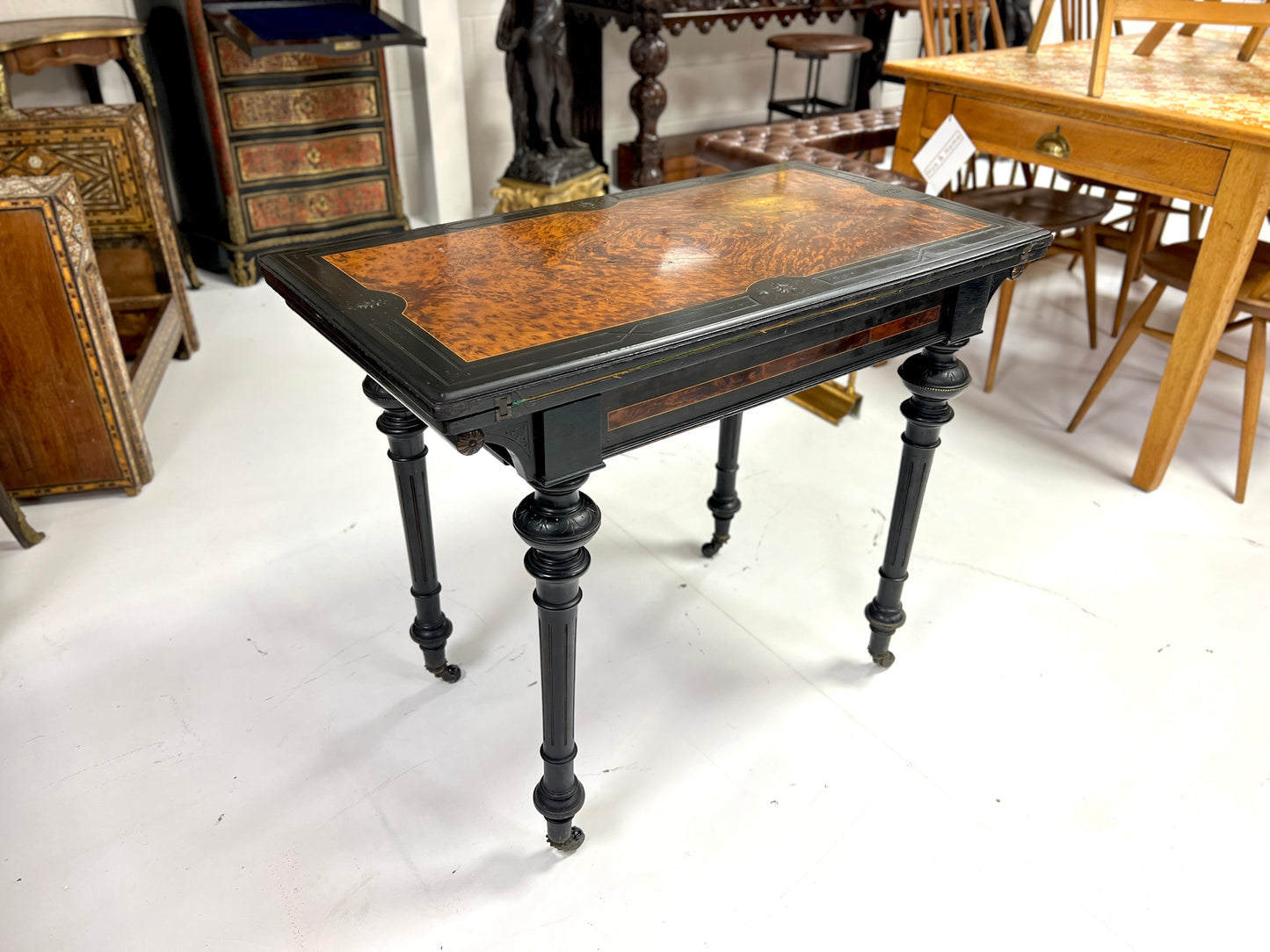Victorian Ebonised Aesthetic Movement Folding Card / Console Table with Thuya Inlay