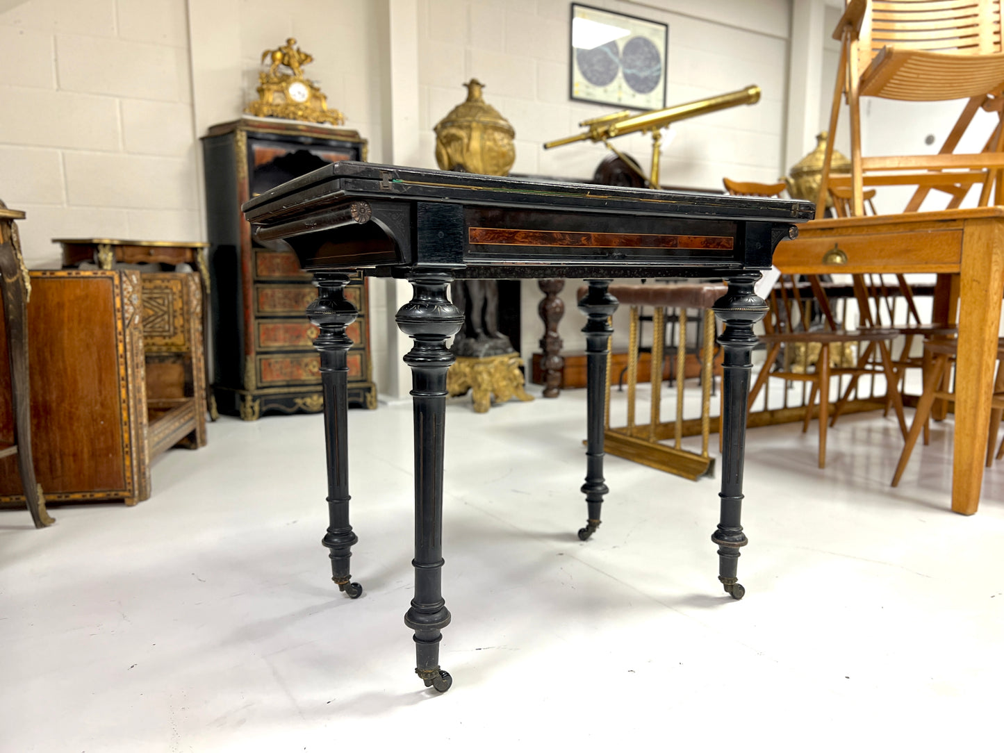 Victorian Ebonised Aesthetic Movement Folding Card / Console Table with Thuya Inlay