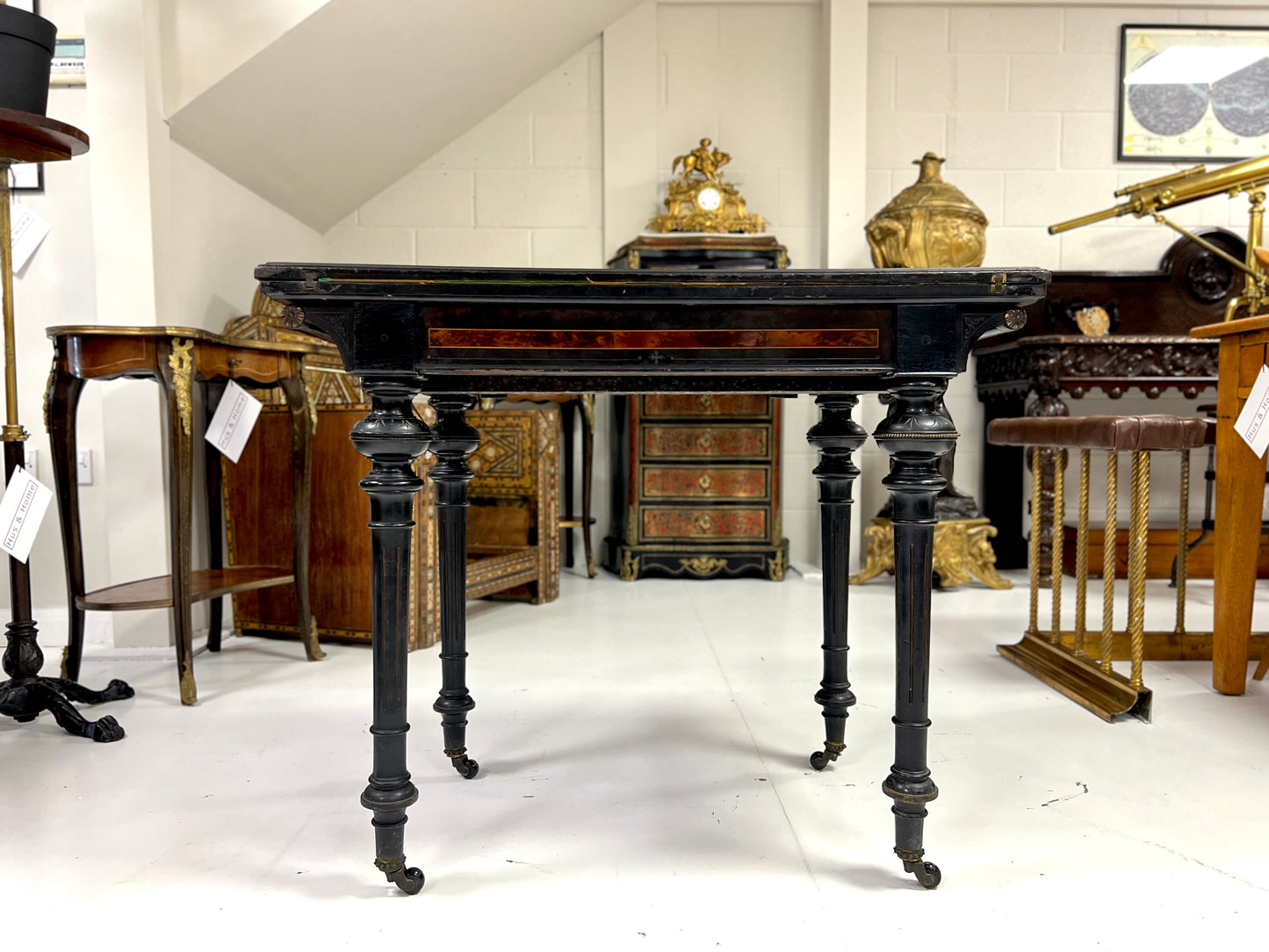Victorian Ebonised Aesthetic Movement Folding Card / Console Table with Thuya Inlay