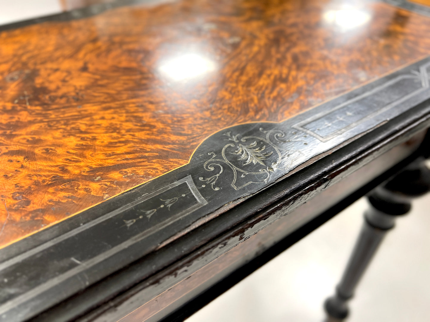 Victorian Ebonised Aesthetic Movement Folding Card / Console Table with Thuya Inlay