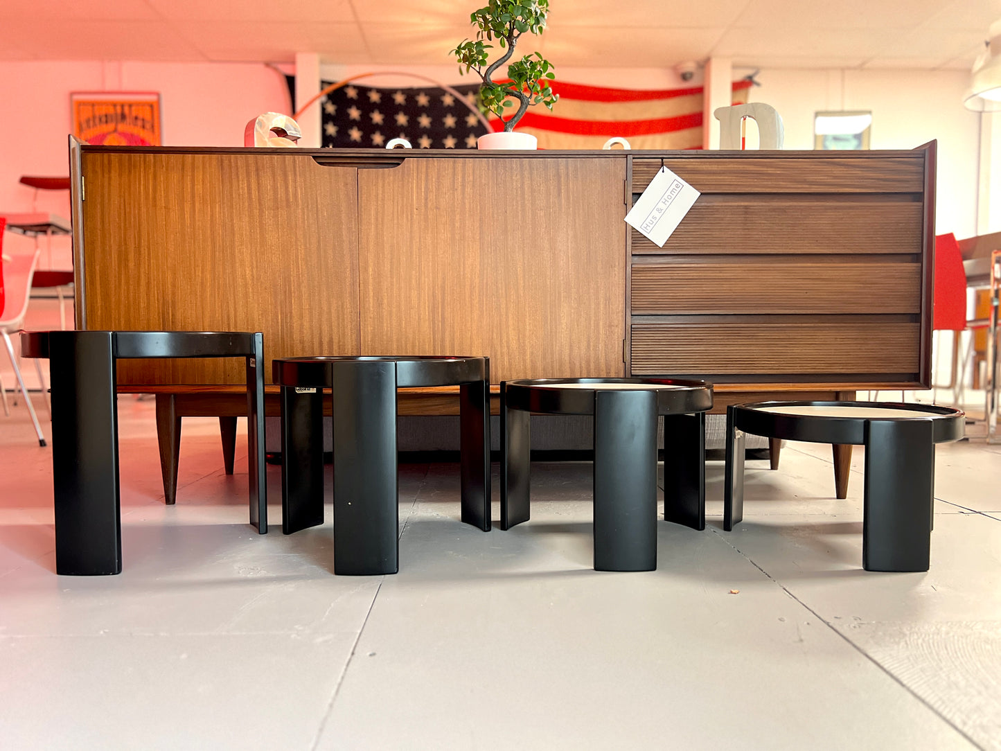 Cassina, Vintage Italian Nest of 4 Tables with Cream Tops and Black Frames