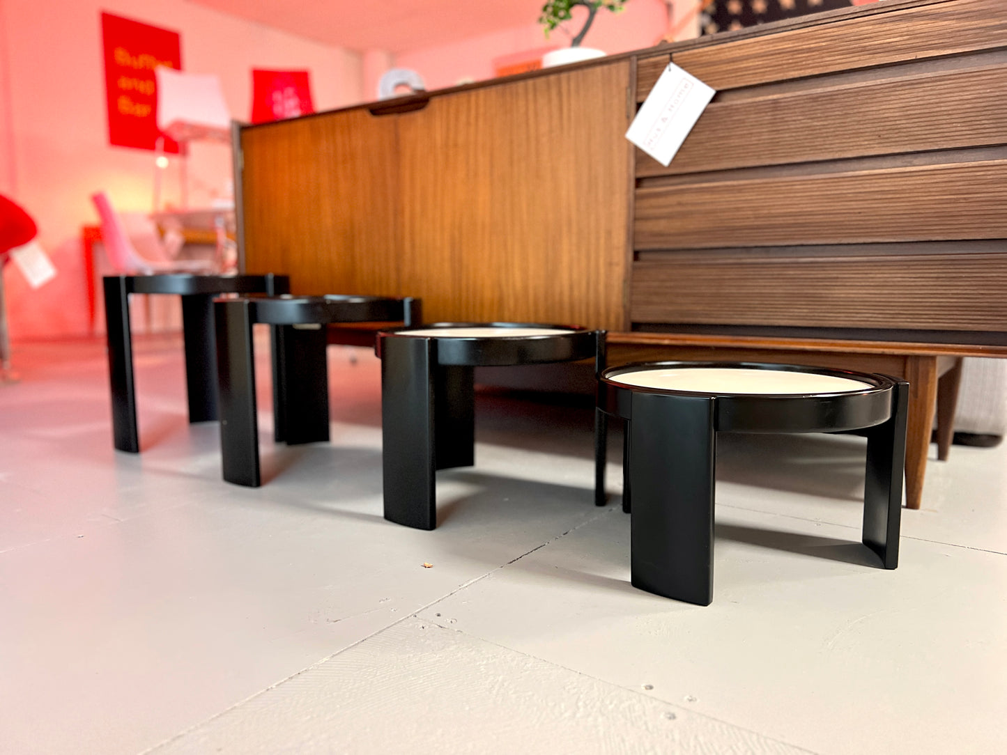Cassina, Vintage Italian Nest of 4 Tables with Cream Tops and Black Frames