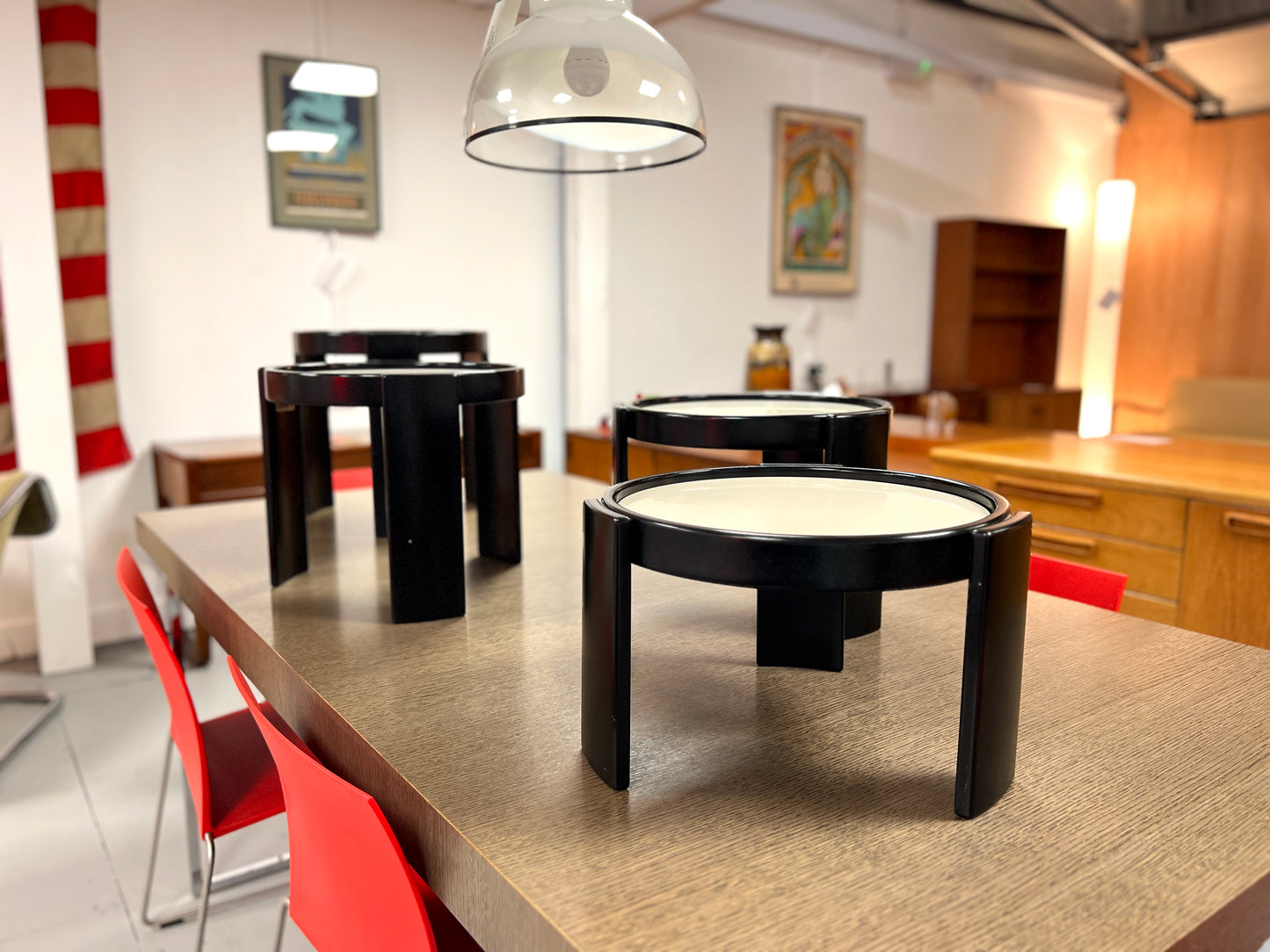 Cassina, Vintage Italian Nest of 4 Tables with Cream Tops and Black Frames