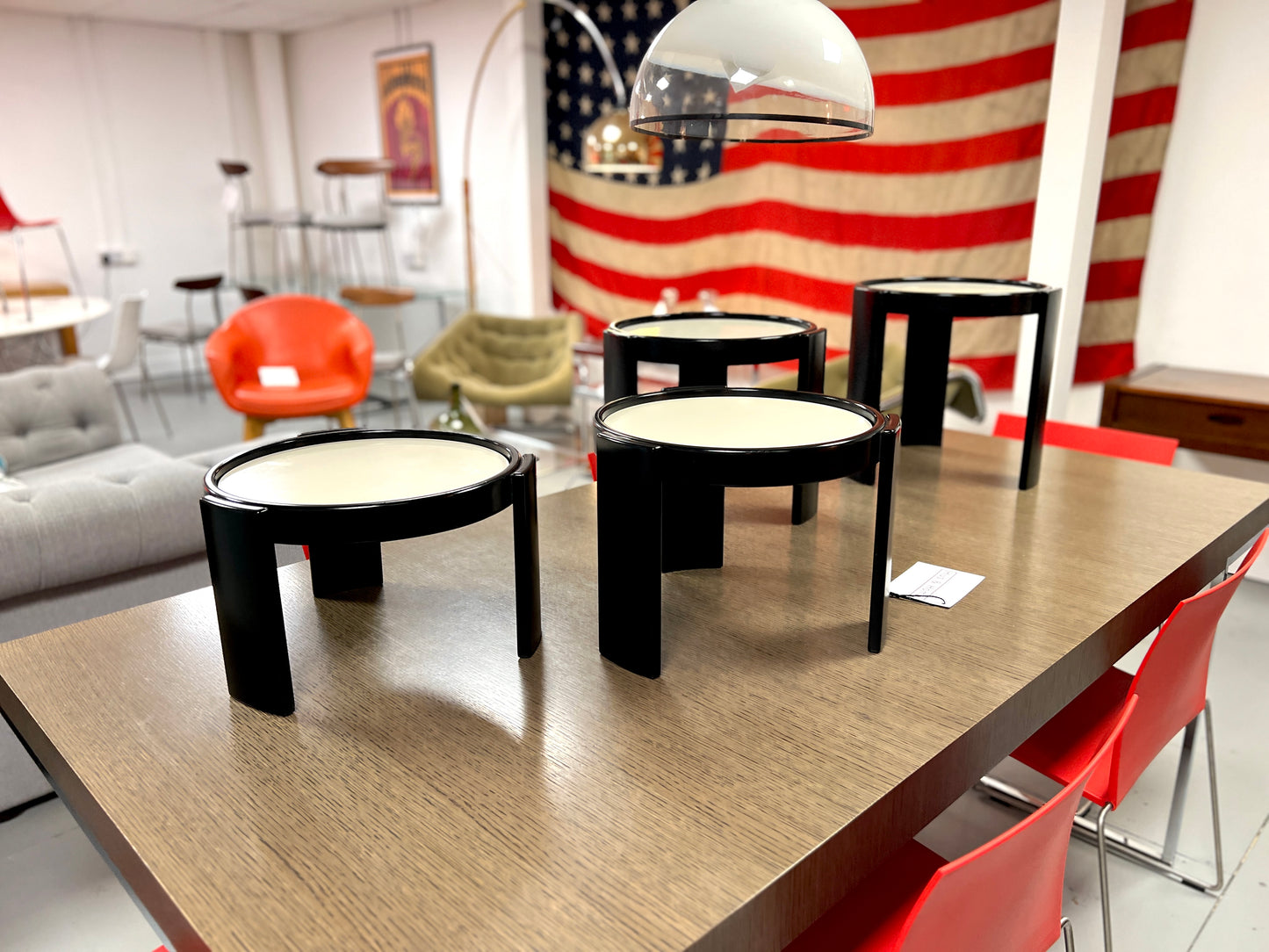 Cassina, Vintage Italian Nest of 4 Tables with Cream Tops and Black Frames