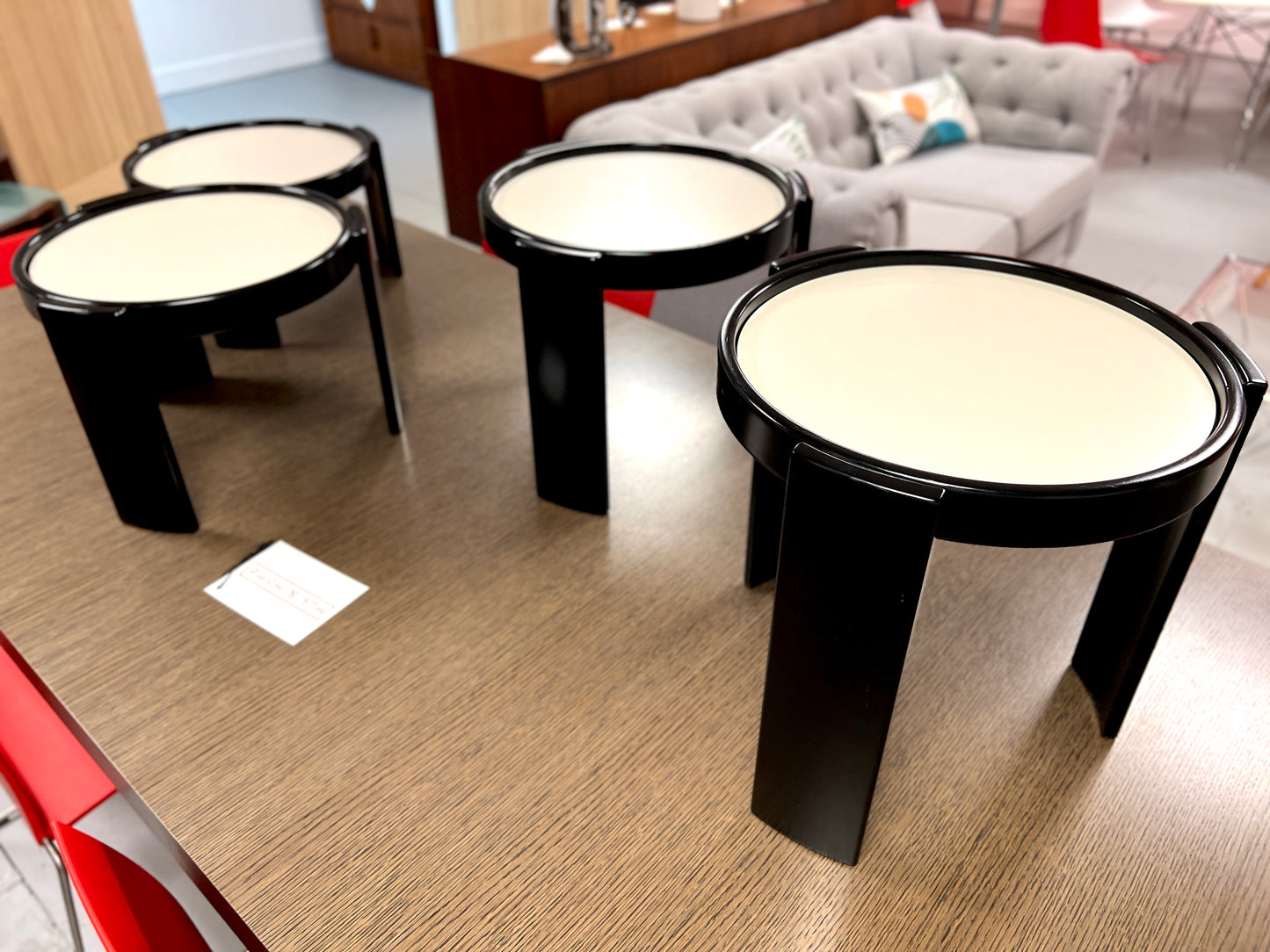 Cassina, Vintage Italian Nest of 4 Tables with Cream Tops and Black Frames