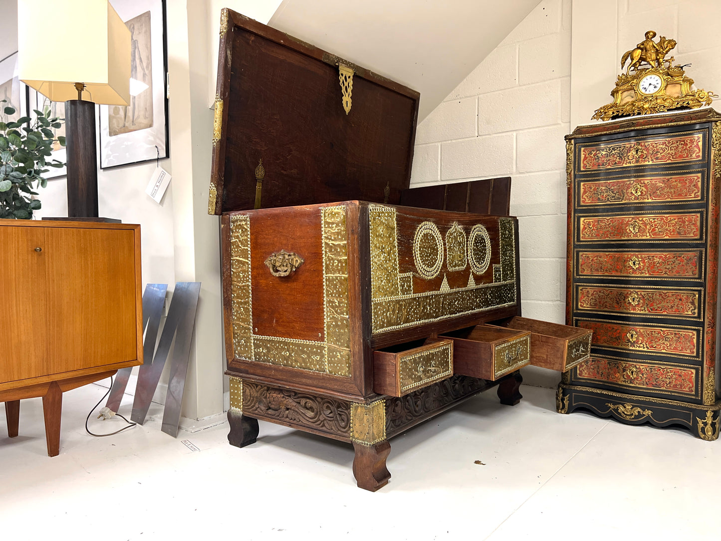 A Large 19th Century Teak and Brass Inlaid Zanzibar Chest on Stand