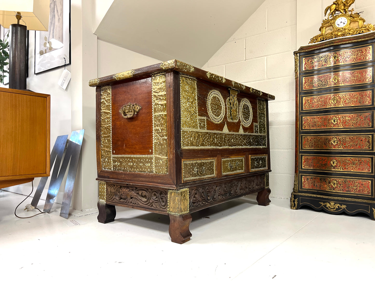 A Large 19th Century Teak and Brass Inlaid Zanzibar Chest on Stand