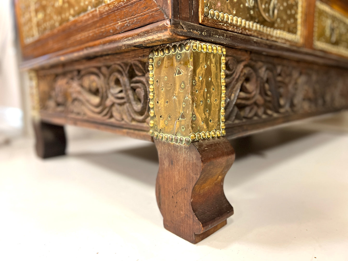 A Large 19th Century Teak and Brass Inlaid Zanzibar Chest on Stand