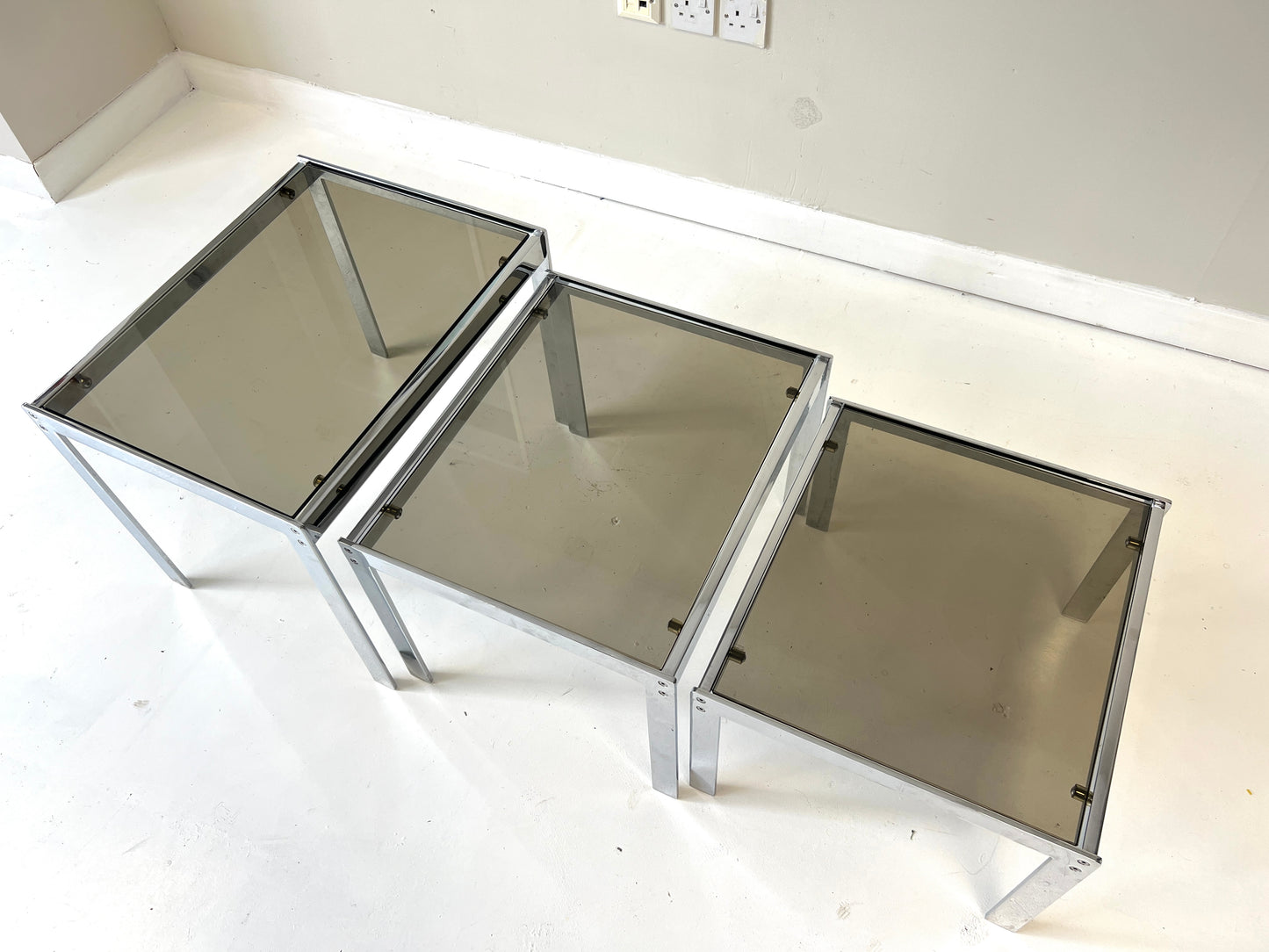 Merrow Associates, Smoked Glass & Chrome Nest of Tables