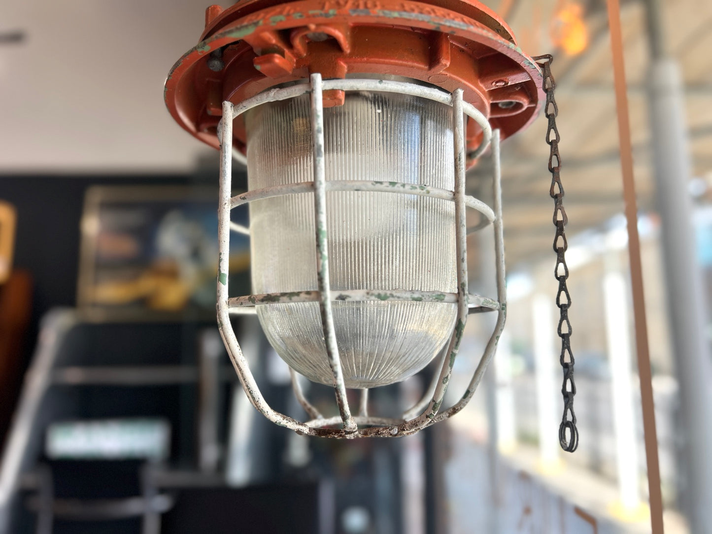 Vintage Russian industrial pendant light glass and protective cage detail