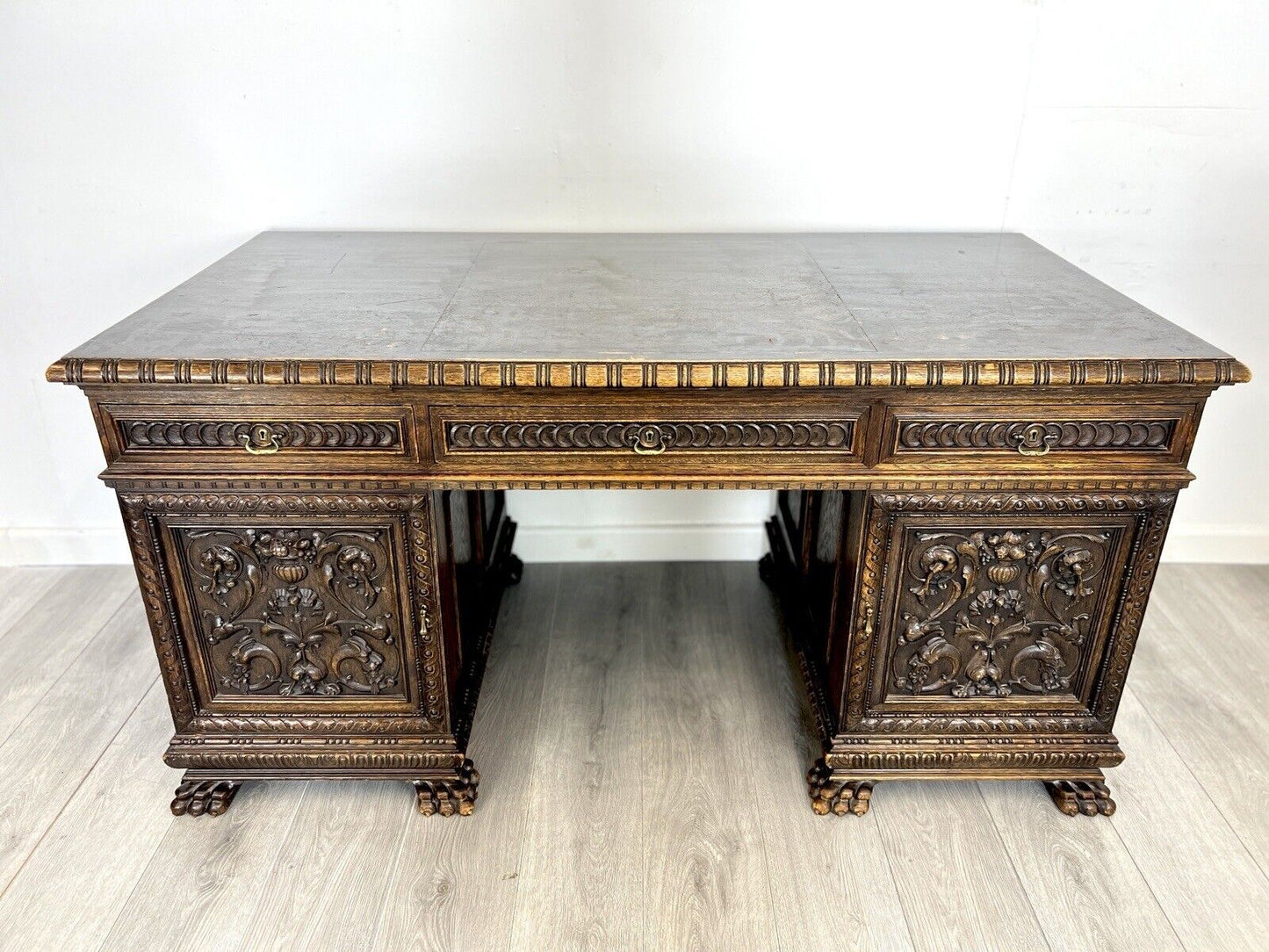 19th Century, Carved Oak Double Pedestal Desk