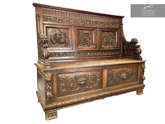 A Carved, 19th Century, Flemish Style, Oak Bench / Settle