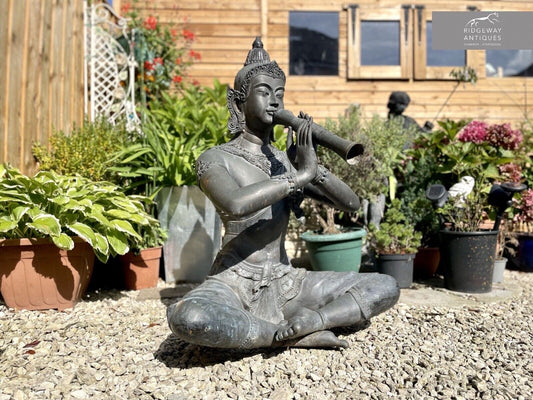 Bronzed Garden Water Feature of a Sitting Deity / Goddess Playing An Instrument