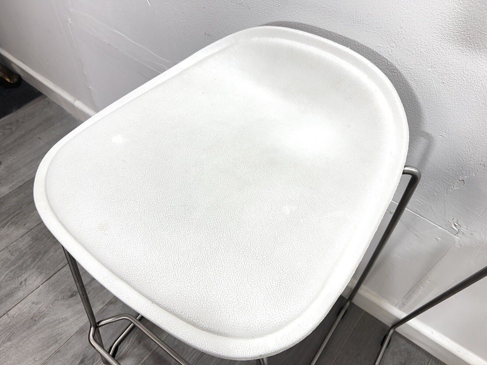 Pair of Modern White Leather Stools on a Stainless Steel Base