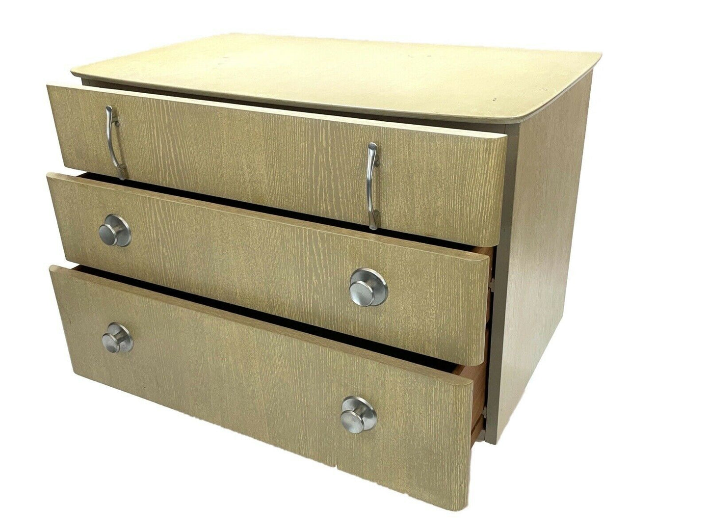 Mid Century, 1960's, 3 Drawer Taupe Coloured Veneer, Chest Of Drawers