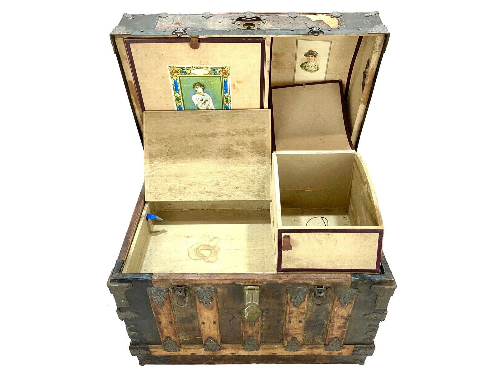 A 19th Century, Dome Topped, Iron Bound Steamer Trunk / Chest With Original Interior