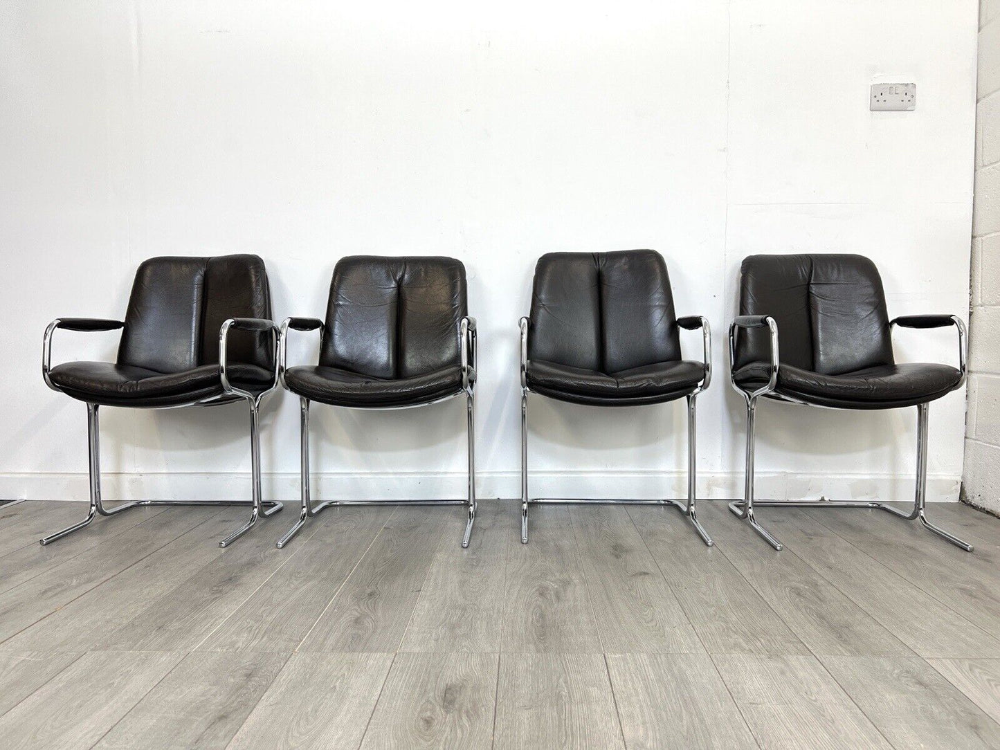 Pieff Eleganza, Set of 4 Chrome and Brown Leather Dining Chairs