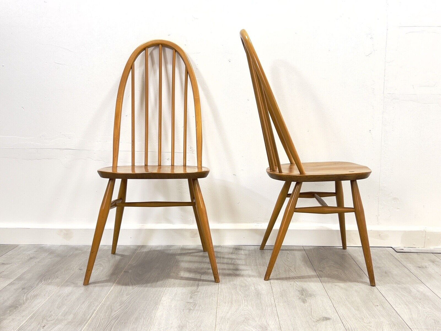 Ercol Quaker 365, Set Of 2 Mid Century Blue Label Dining Chairs.