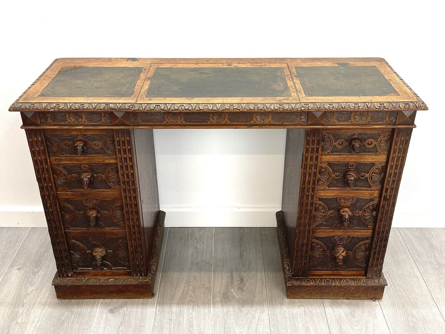 19th Century, Carved Flemish Style Double Pedestal Writing Desk
